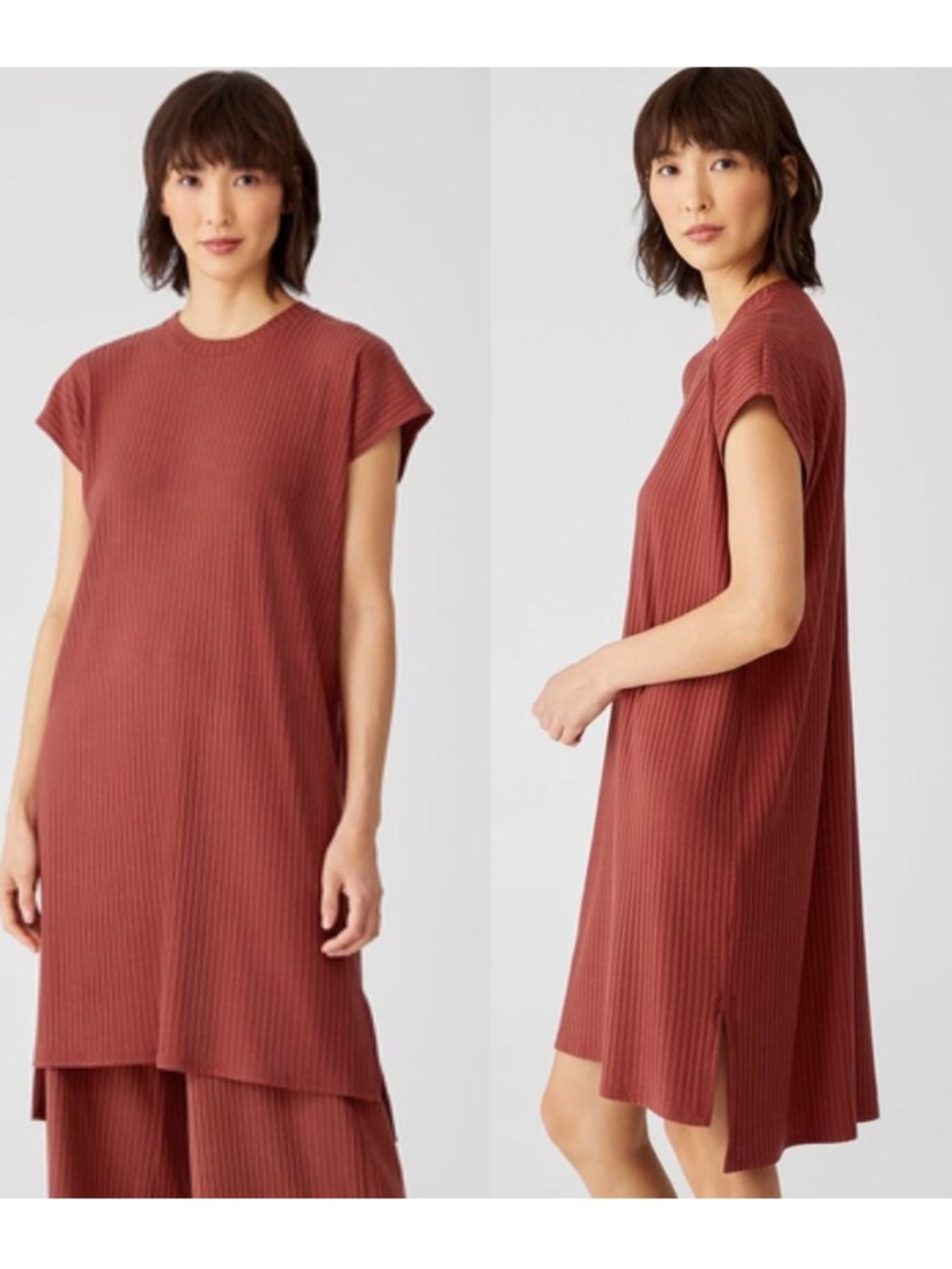 BOGO! Eileen Fisher Textured Stretch Rib Dress Rust Lagenlook Medium